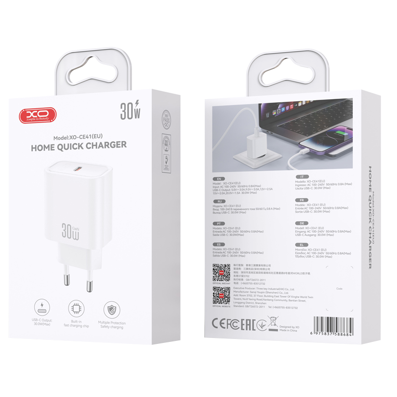 Omrežni polnilec XO Design CE41, 30W, 3A, 1 x USB-C, bel
