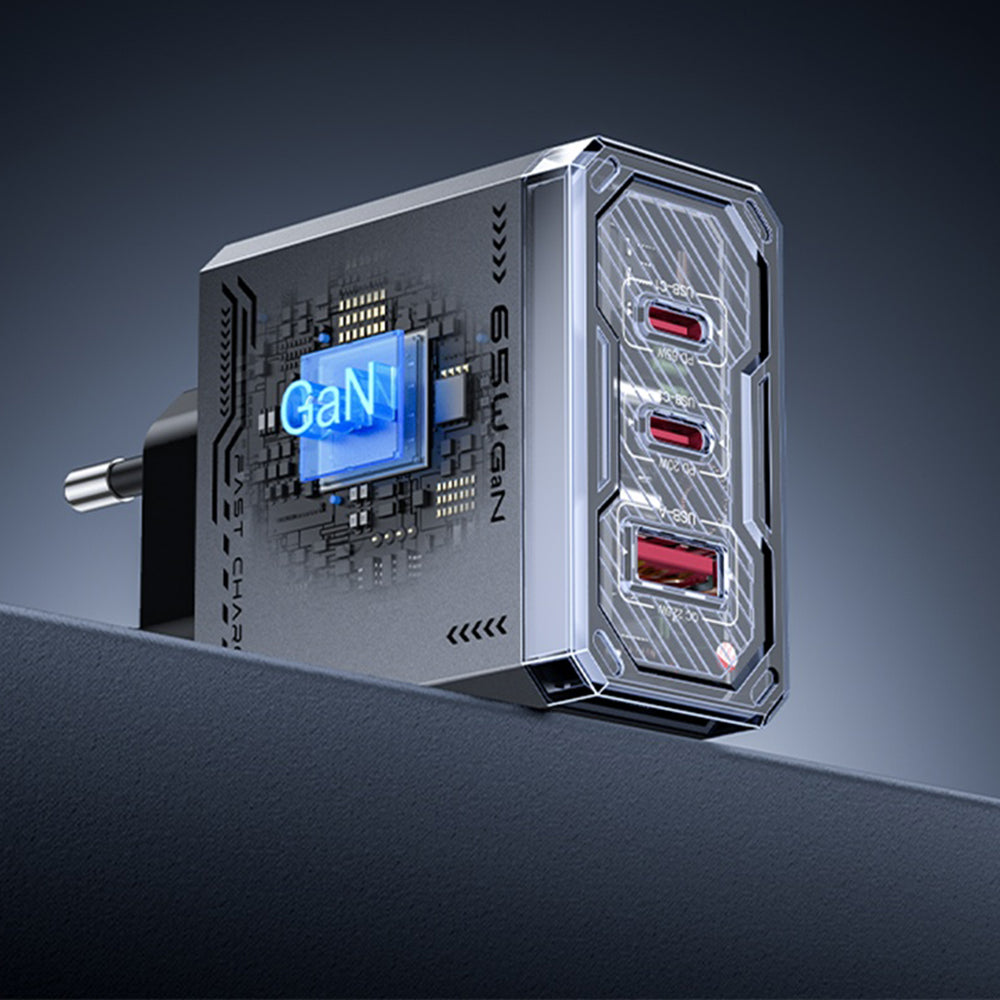 Polnilnik Yesido YC101, 65W, 3.25A, 1 x USB-A - 2 x USB-C, črn