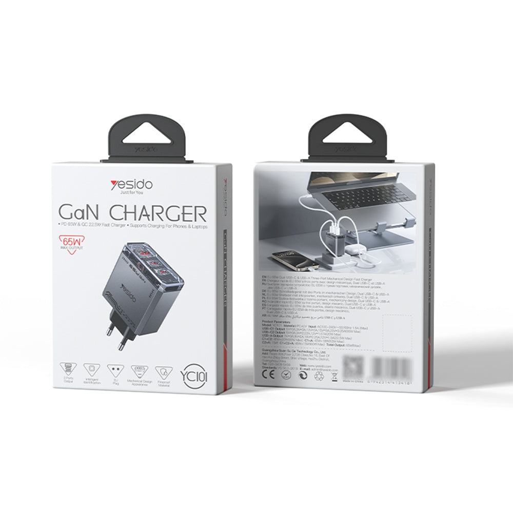 Polnilnik Yesido YC101, 65W, 3.25A, 1 x USB-A - 2 x USB-C, črn