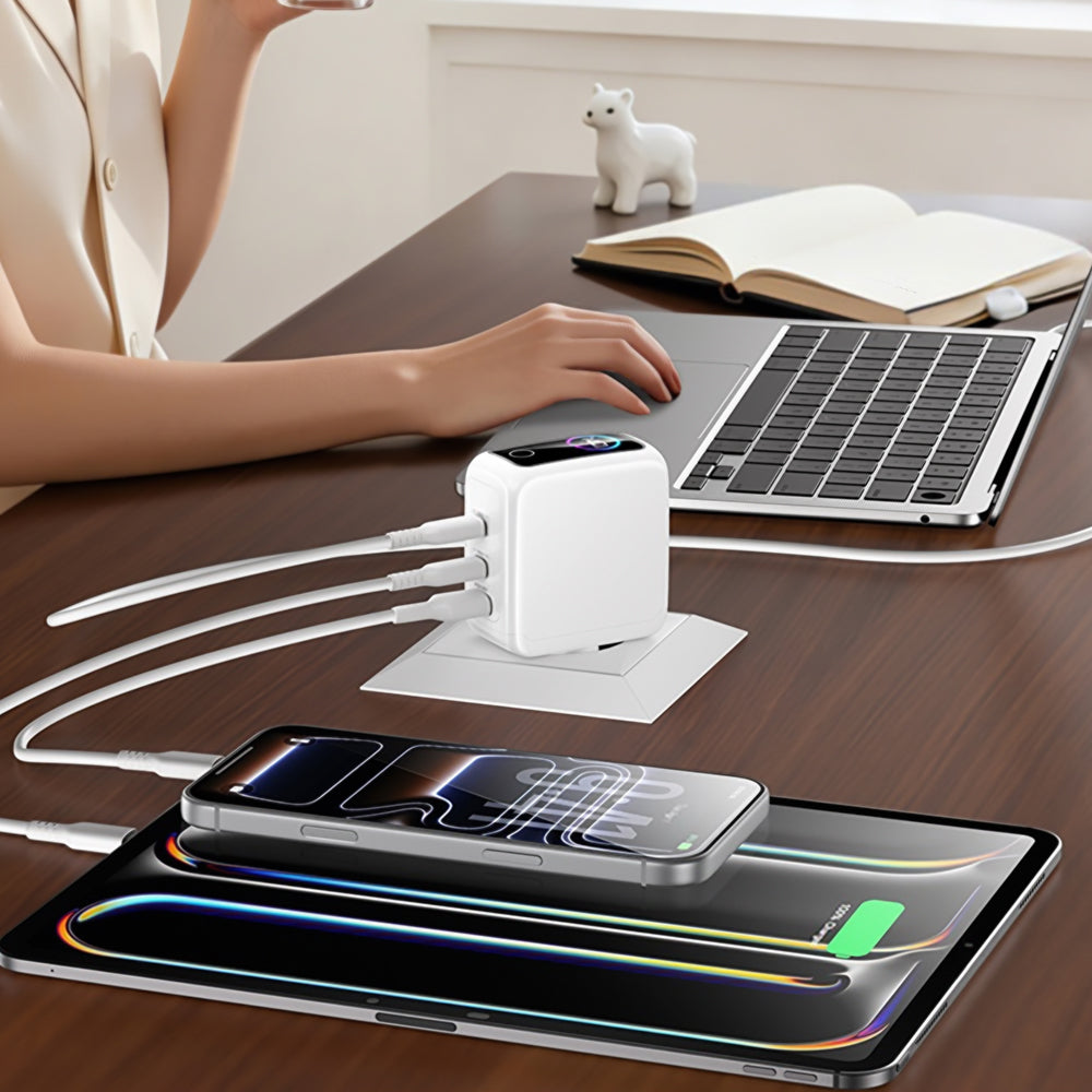 Omrežni polnilec Yesido YC114 z zaslonom, 140W, 5A, 1 x USB-A - 2 x USB-C, bel