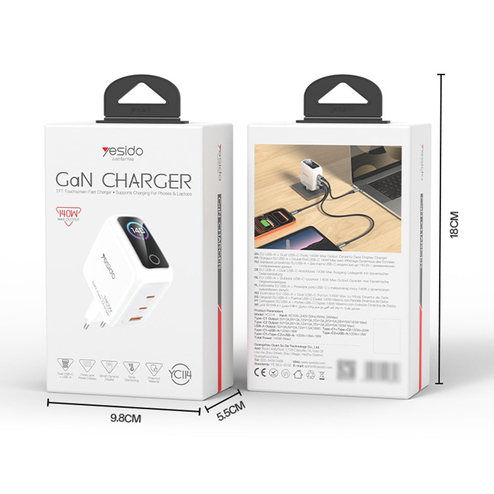 Omrežni polnilec Yesido YC114 z zaslonom, 140W, 5A, 1 x USB-A - 2 x USB-C, bel