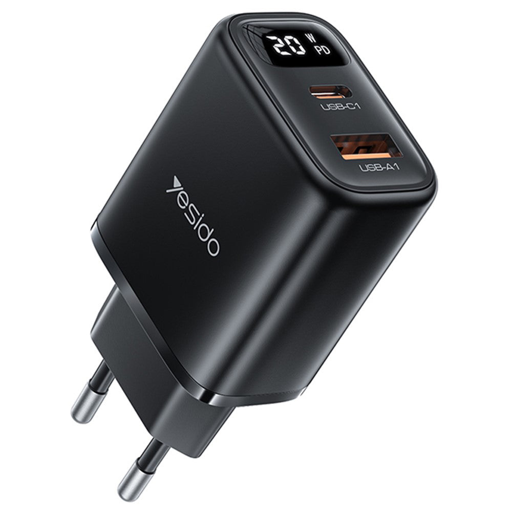 Polnilnik omrežja Yesido YC68, 20W zaslon, 3A, 1 x USB-A - 1 x USB-C, črn