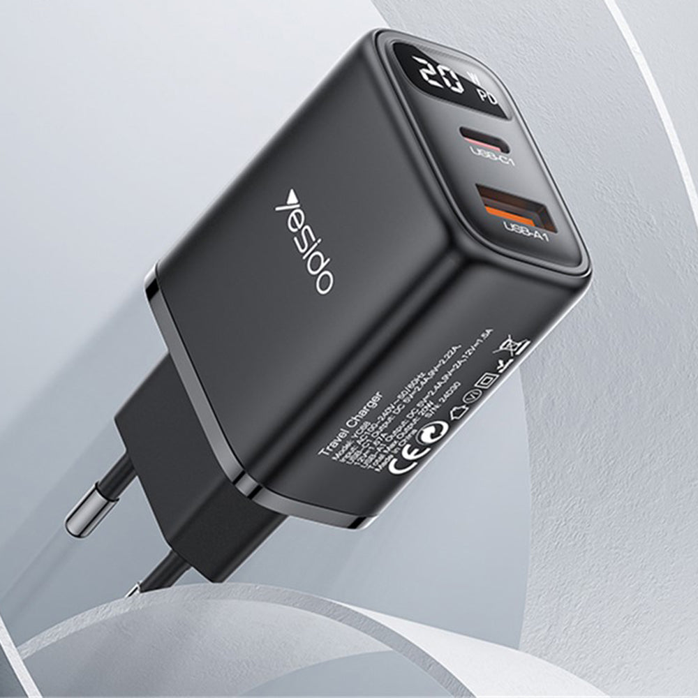 Polnilnik omrežja Yesido YC68, 20W zaslon, 3A, 1 x USB-A - 1 x USB-C, črn