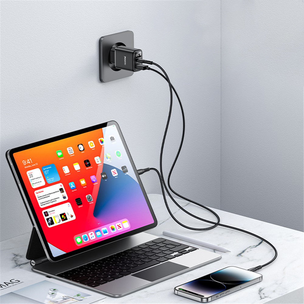 Polnilnik omrežja Yesido YC68, 20W zaslon, 3A, 1 x USB-A - 1 x USB-C, črn