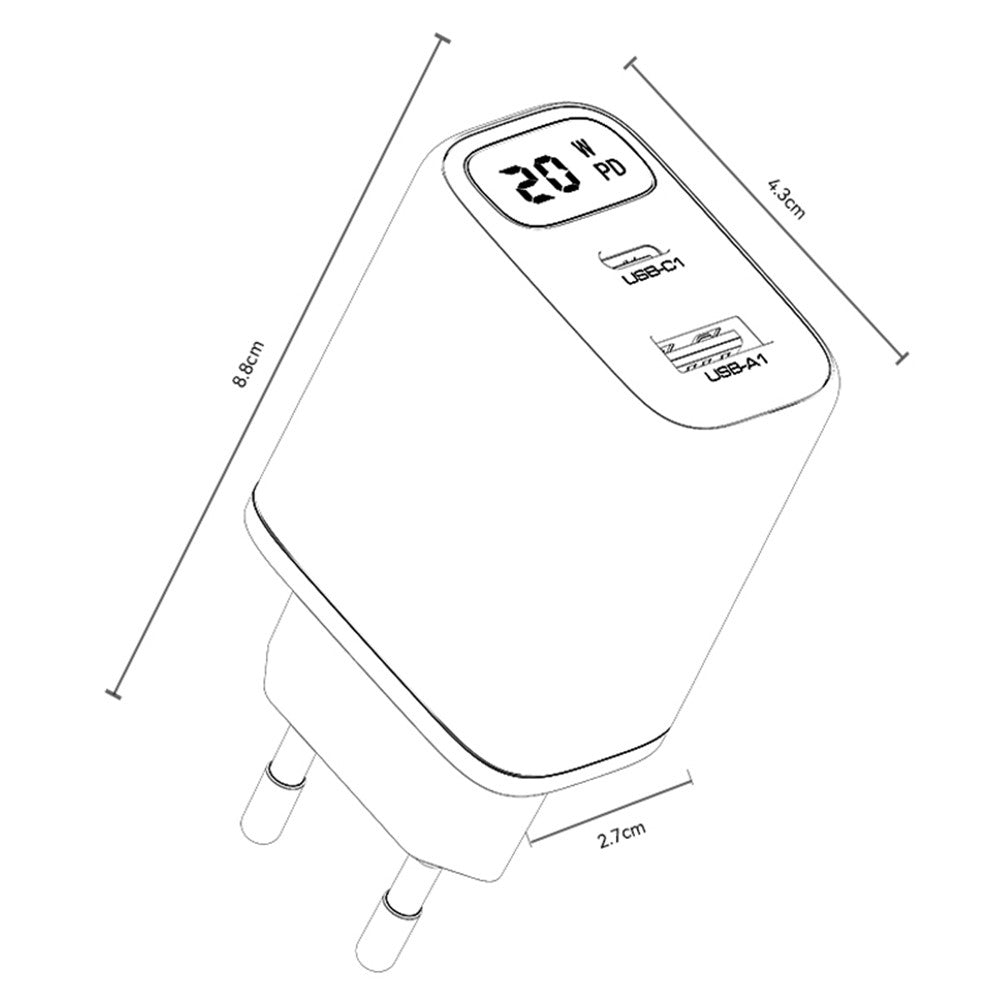 Polnilnik omrežja Yesido YC68, 20W zaslon, 3A, 1 x USB-A - 1 x USB-C, črn