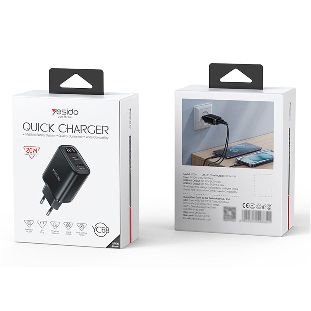 Polnilnik omrežja Yesido YC68, 20W zaslon, 3A, 1 x USB-A - 1 x USB-C, črn