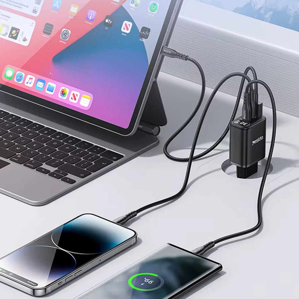 Polnilnik Yesido YC69 Display, 30W, 3A, 1 x USB-A - 2 x USB-C, črn