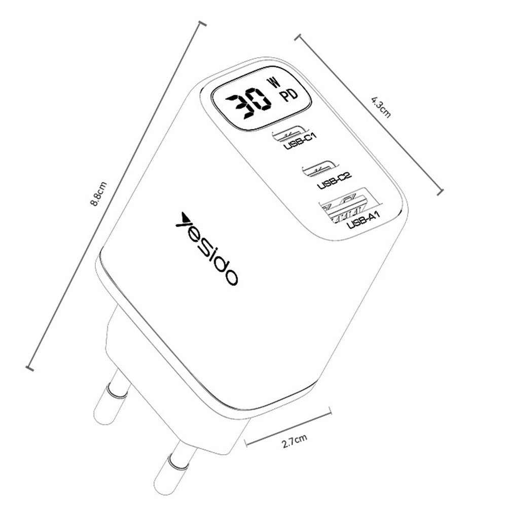 Polnilnik Yesido YC69 Display, 30W, 3A, 1 x USB-A - 2 x USB-C, črn