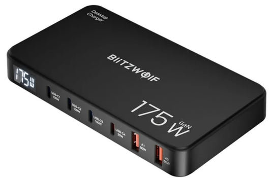 Polnilna postaja BlitzWolf BW-S30, 175W, 5A, 2 x USB-A - 4 x USB-C, Črna