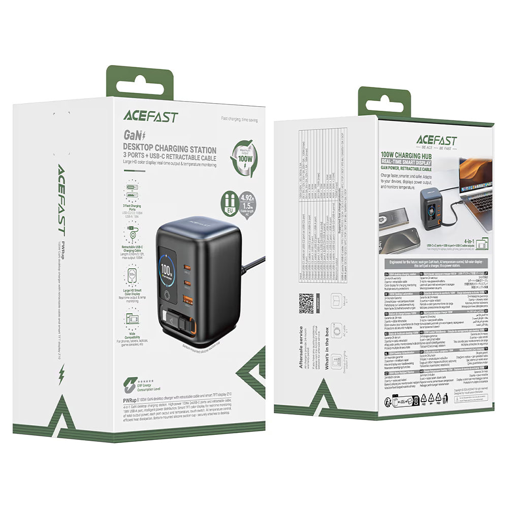 Polnilna postaja z USB-C kablom Acefast Z10, 100W, 1 x USB-A - 2 x USB-C, črna