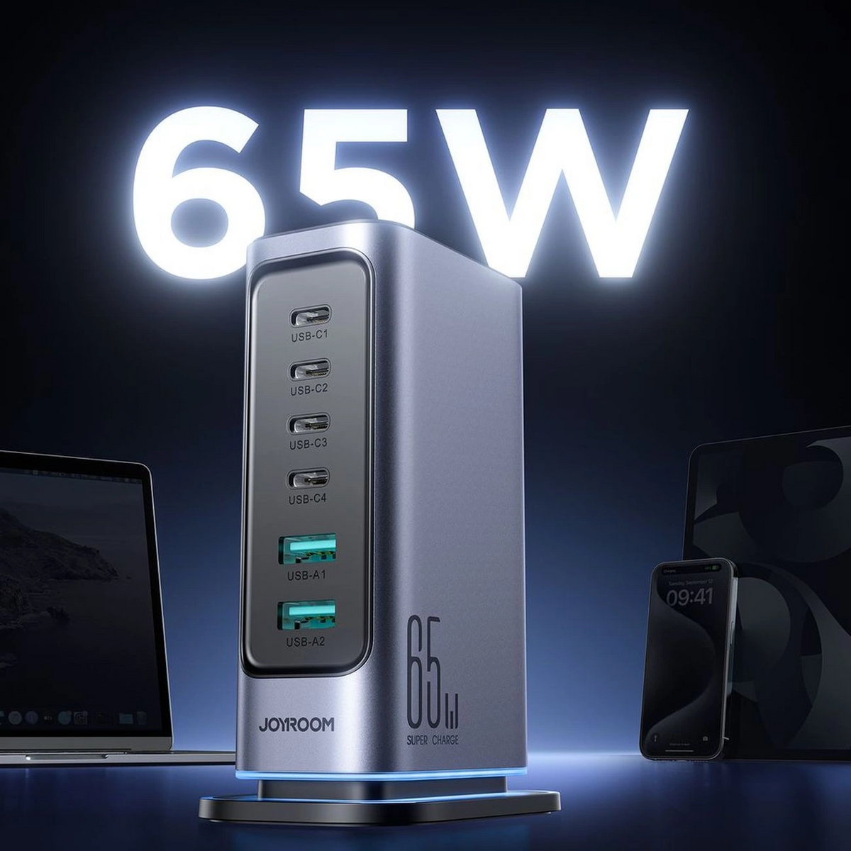 Polnilec postaje Joyroom JR-TCM02 UK, 65W, 3,25A, 2 x USB-A - 4 x USB-C, Siva