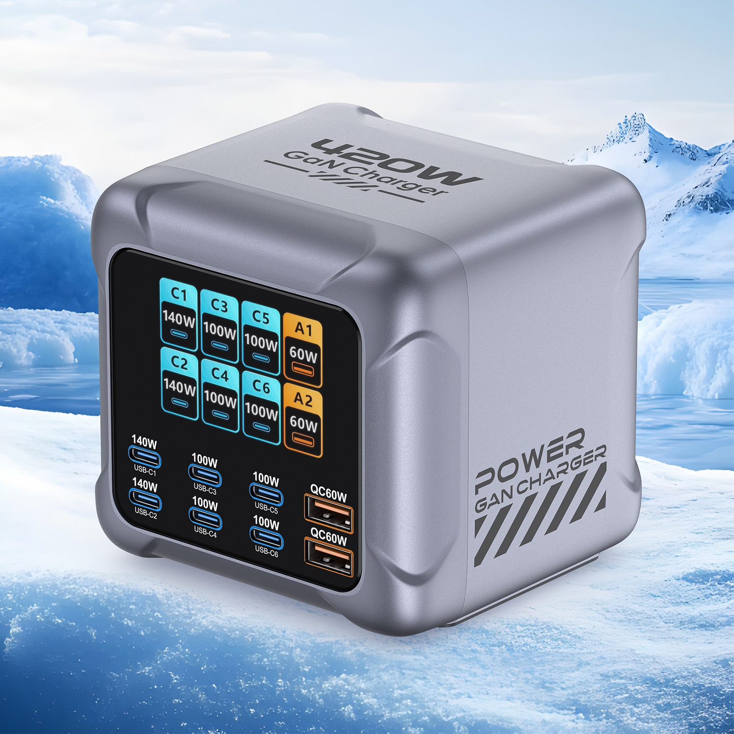 Polnilnik postaje OEM BK-126D, 140W, 5A, 2 x USB-A - 6 x USB-C, Siva