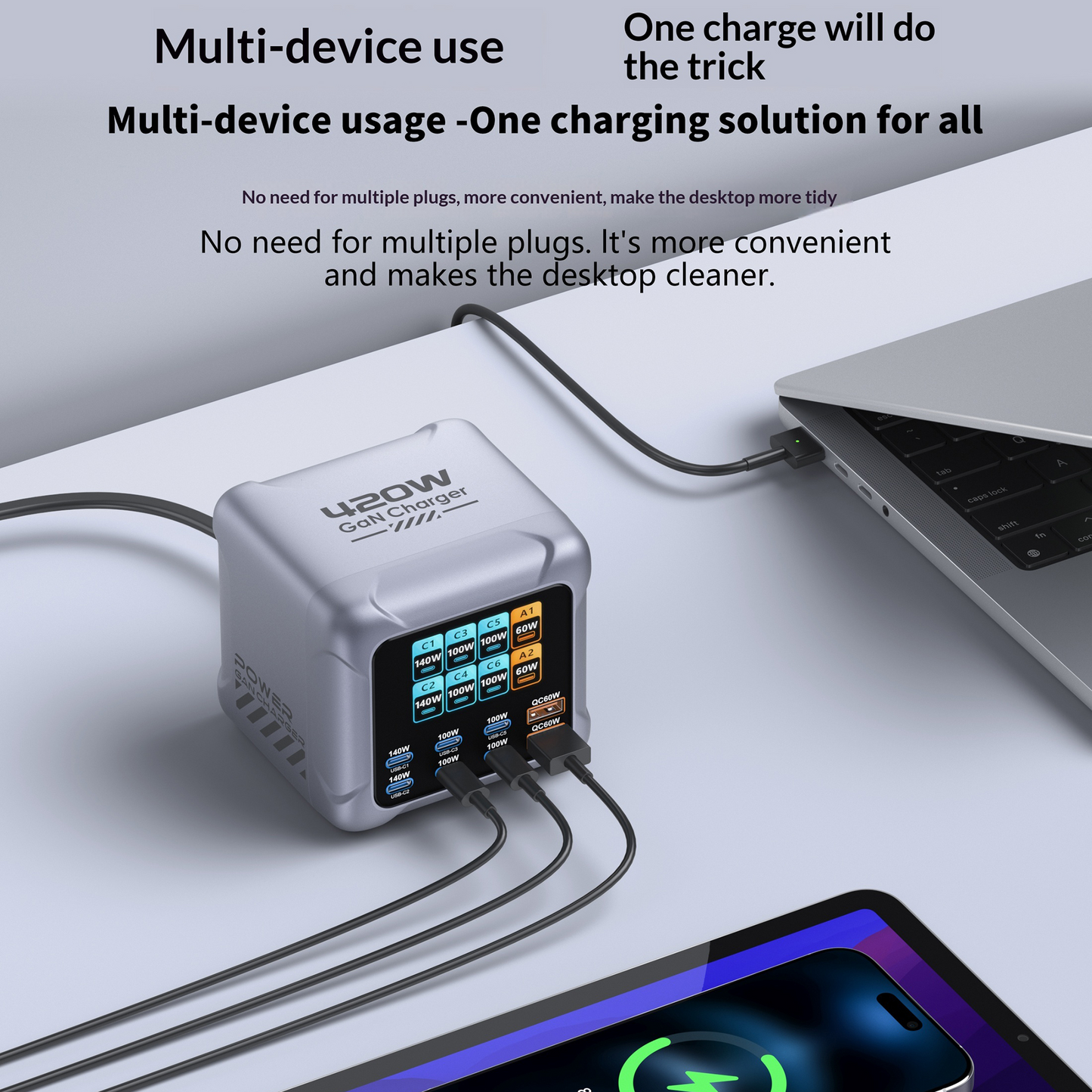 Polnilnik postaje OEM BK-126D, 140W, 5A, 2 x USB-A - 6 x USB-C, Siva