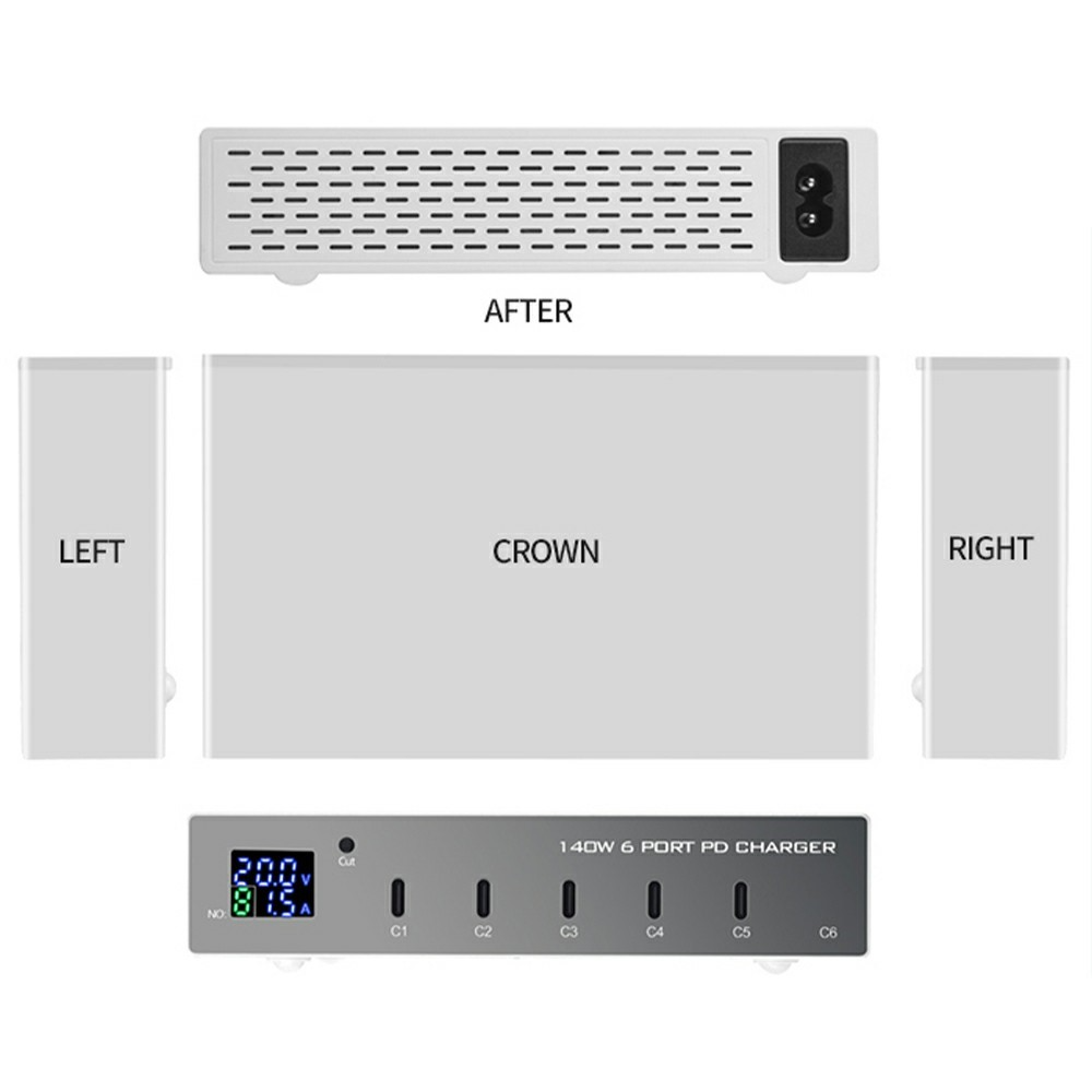 Polnilnik postaje OEM WLX-X6P, 140W, 3A, 6 x USB-C, Srebrn