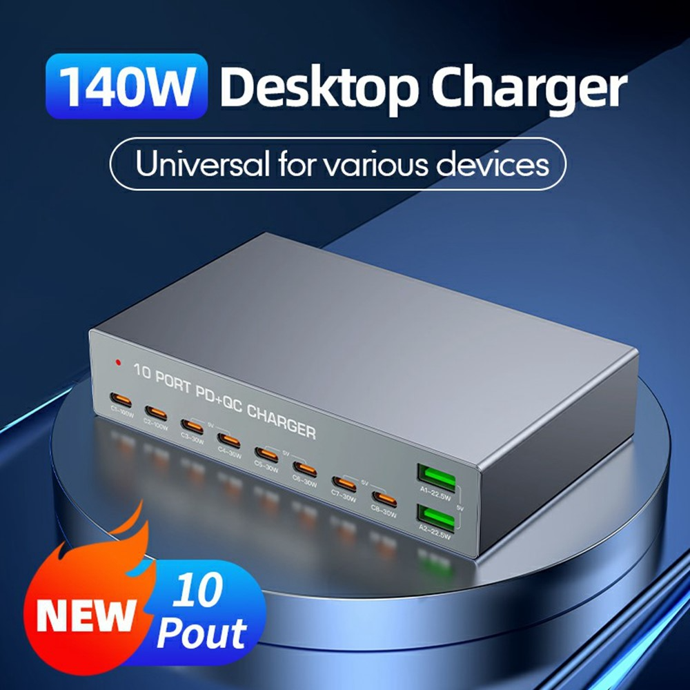 Polnilnik postaje OEM WLX-X6Y, 140W, 5A, 2 x USB-A - 8 x USB-C, Srebrn