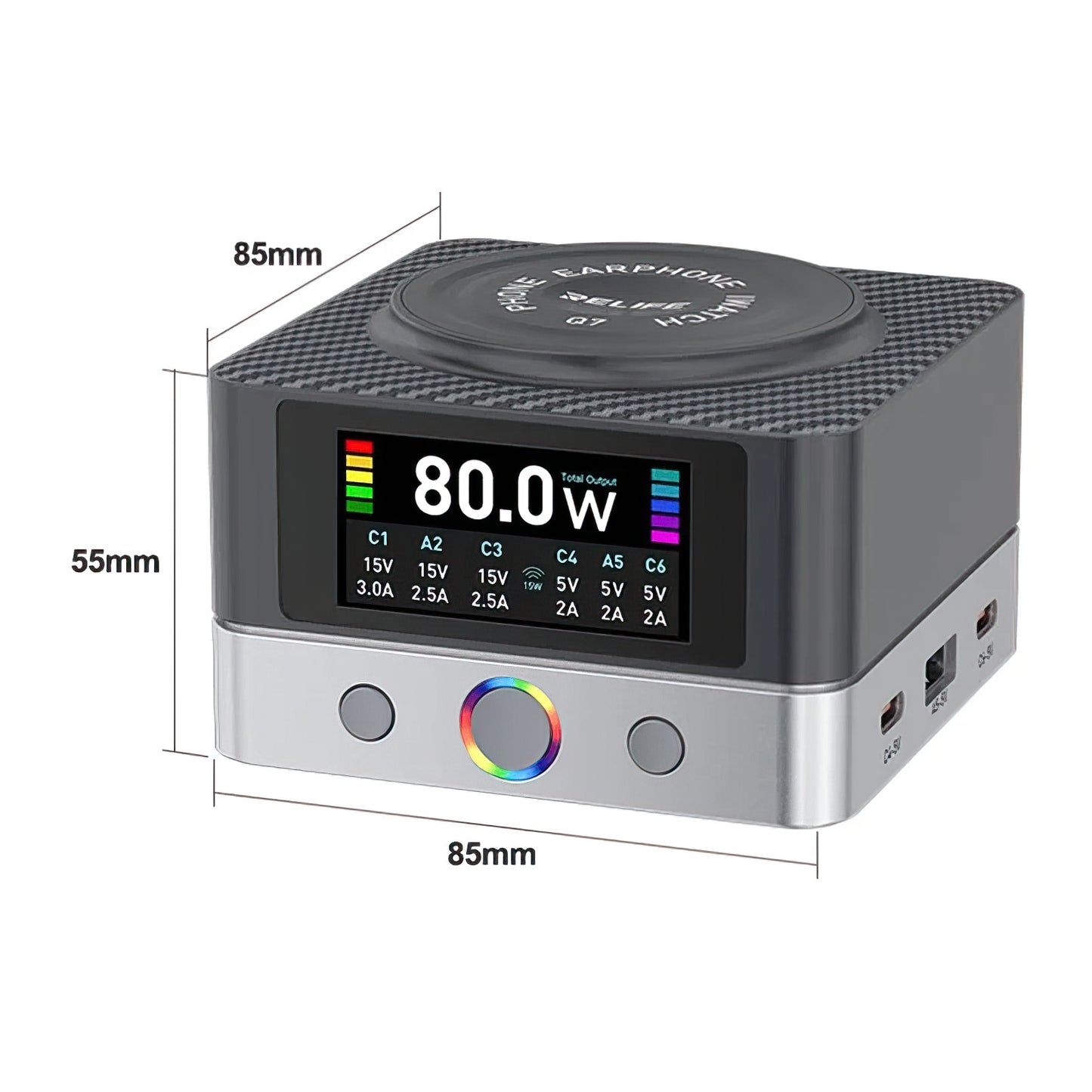 Polnilna postaja Relife Q7 QI, 80W, 3.25A, 2 x USB-A - 4 x USB-C, Siva
