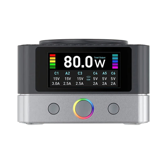 Polnilna postaja Relife Q7 QI, 80W, 3.25A, 2 x USB-A - 4 x USB-C, Siva