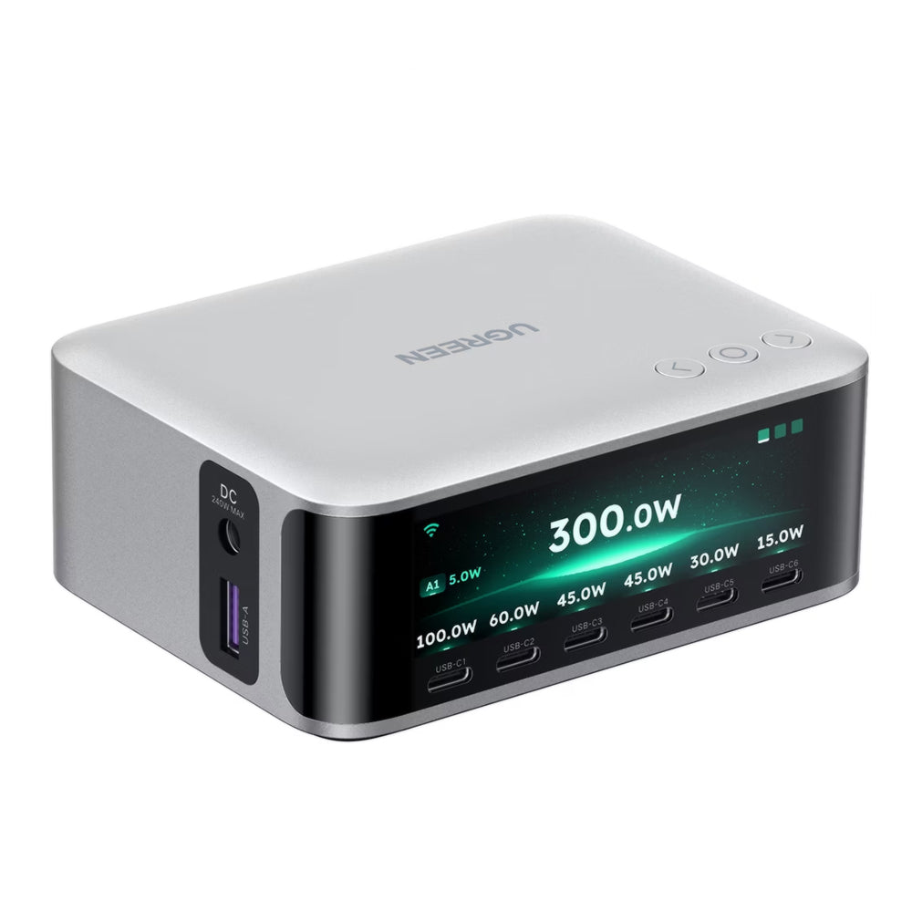 Polnilna postaja UGREEN Nexode Pro X783 (75753B) z zaslonom, 300 W, 5 A, 1 × USB-A – 6 × USB-C – 1 × DC, siva