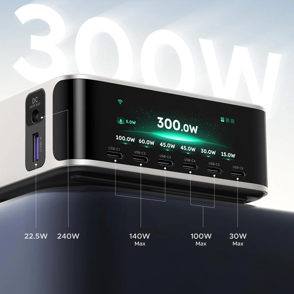 Polnilna postaja UGREEN Nexode Pro X783 (75753B) z zaslonom, 300 W, 5 A, 1 × USB-A – 6 × USB-C – 1 × DC, siva