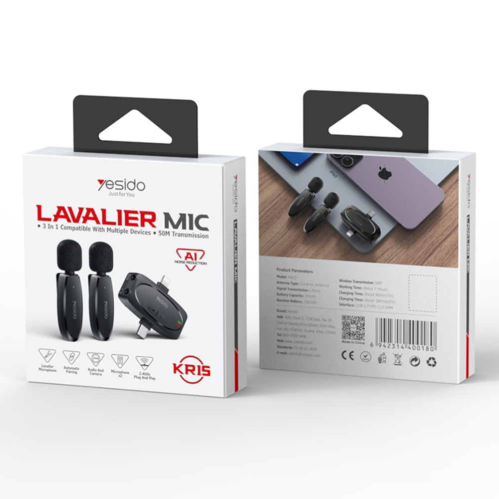 Lavalier Yesido KR15, USB-C / Lightning, Set 2 kosa, Črna