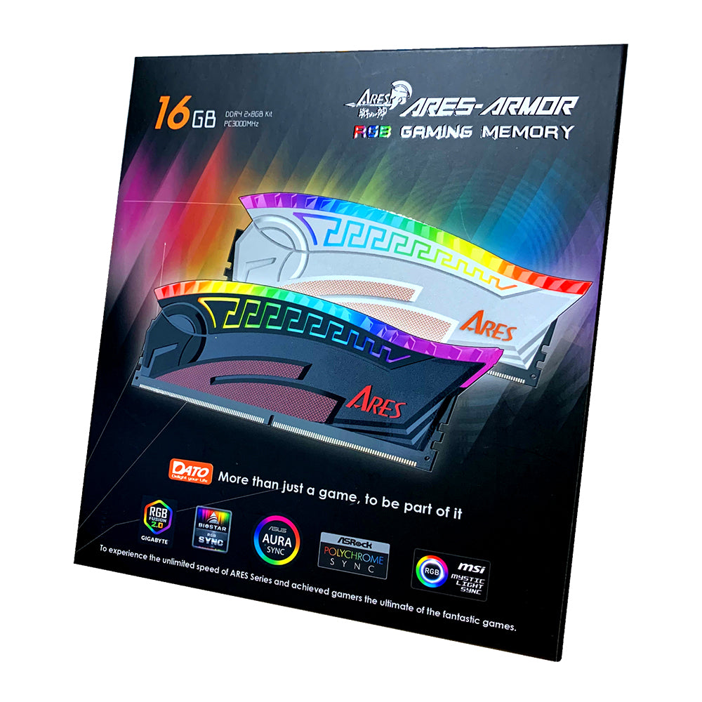 Pomnilnik RAM Dato Ares Armor, DDR4, RGB, 2 x 8GB, 3600Mhz, CL18, Črn AMRGB8GX216G36K
