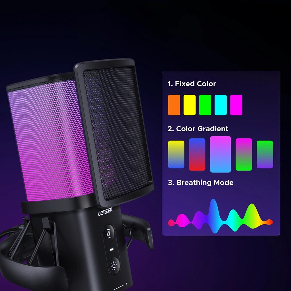 Kardioidni mikrofon UGREEN CM581 (65629), RGB, USB-C, 1,5 m, črn