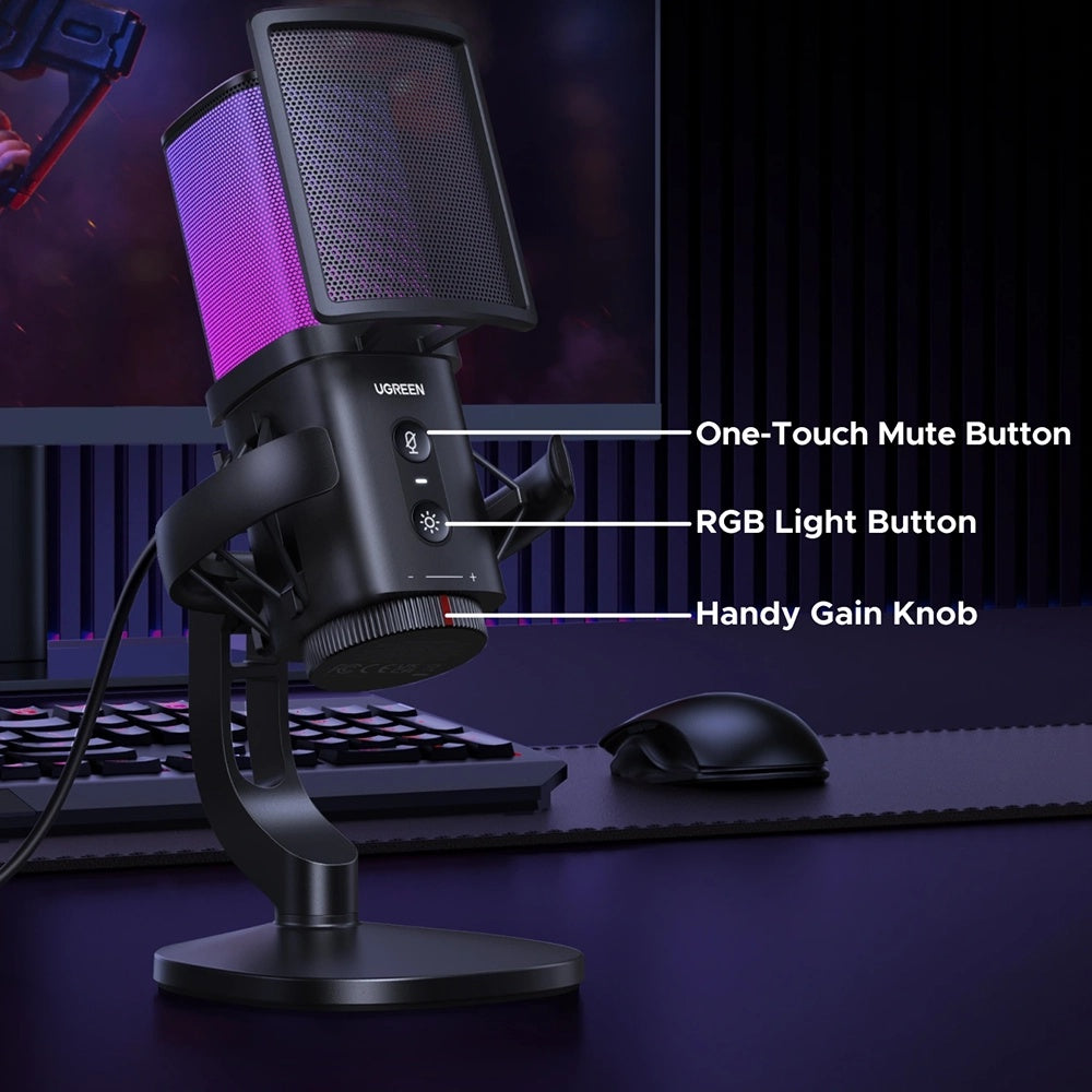 Kardioidni mikrofon UGREEN CM581 (65629), RGB, USB-C, 1,5 m, črn