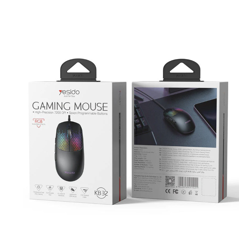 Žična igralna miška USB Yesido KB32, RGB, 7200DPI, črna
