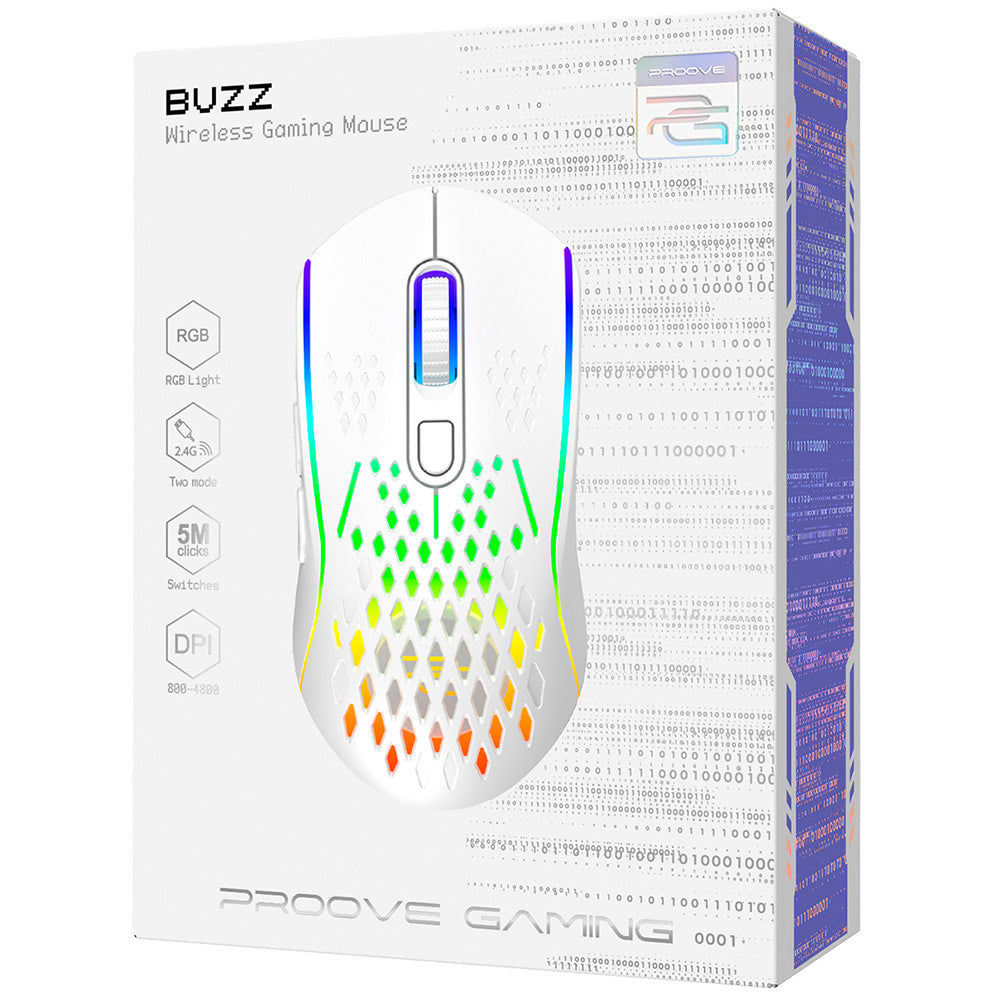 Brezžična igralna miška Proove Buzz, RGB, 800DPI - 4800DPI, Bela WMBU00022402
