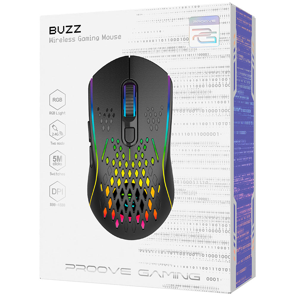 Brezžična igralna miška Proove Buzz, RGB, 800DPI - 4800DPI, črna WMBU00022401
