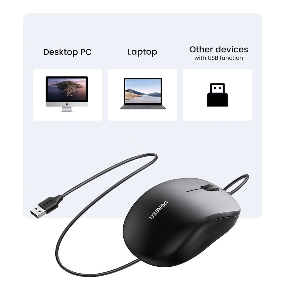 Miška Wired USB UGREEN MU007, 1200DPI, 1.5m, Črna