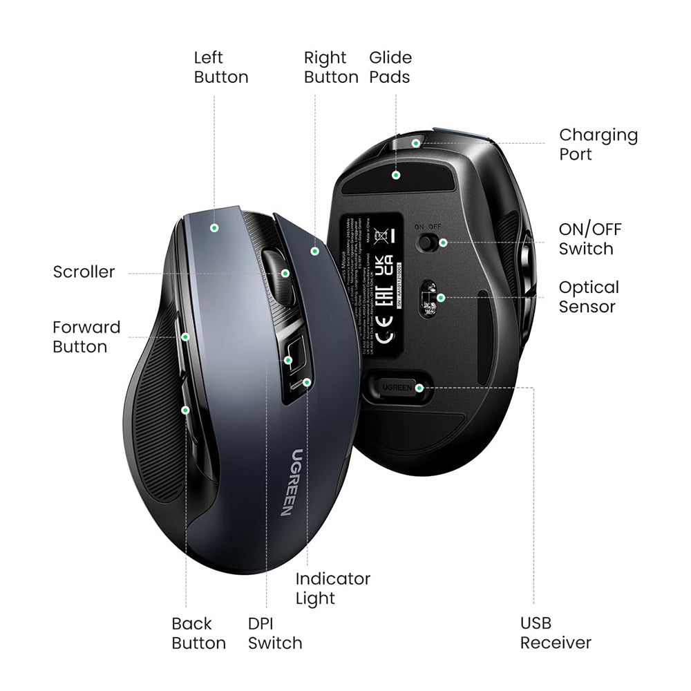 Brezžična miška UGREEN MU006S (85082), 4000DPI, BT / Wi-Fi, Siva