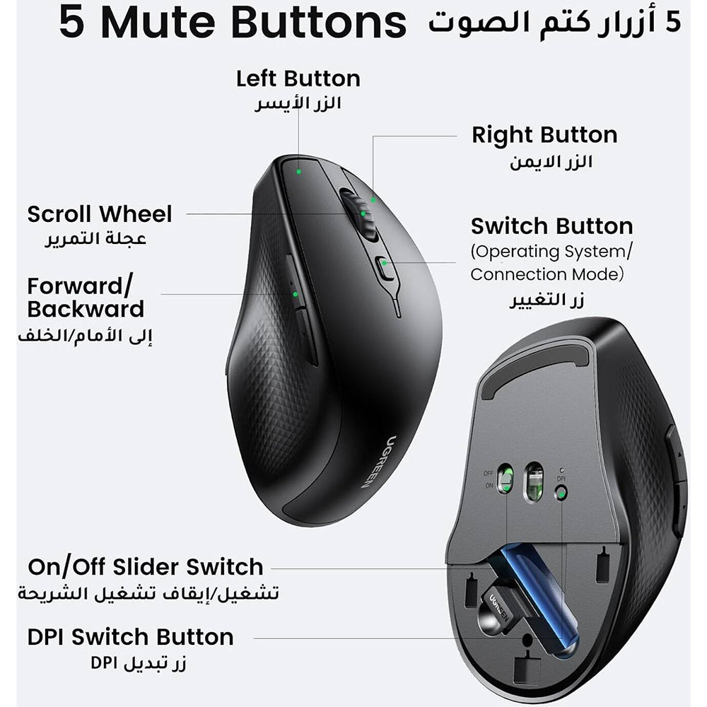 Brezžična miška UGREEN MU101, 4000DPI, BT / Wi-Fi, črna