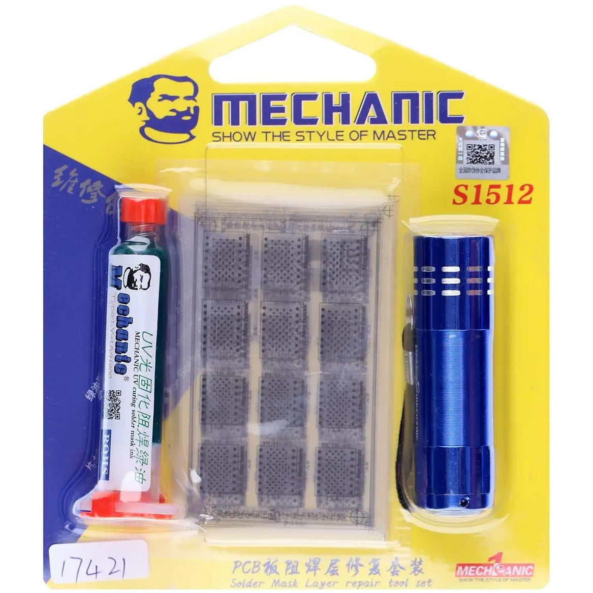 Pasta s šablono za maskiranje in UV svetilko Mechanic S1512, 3v1, zelena