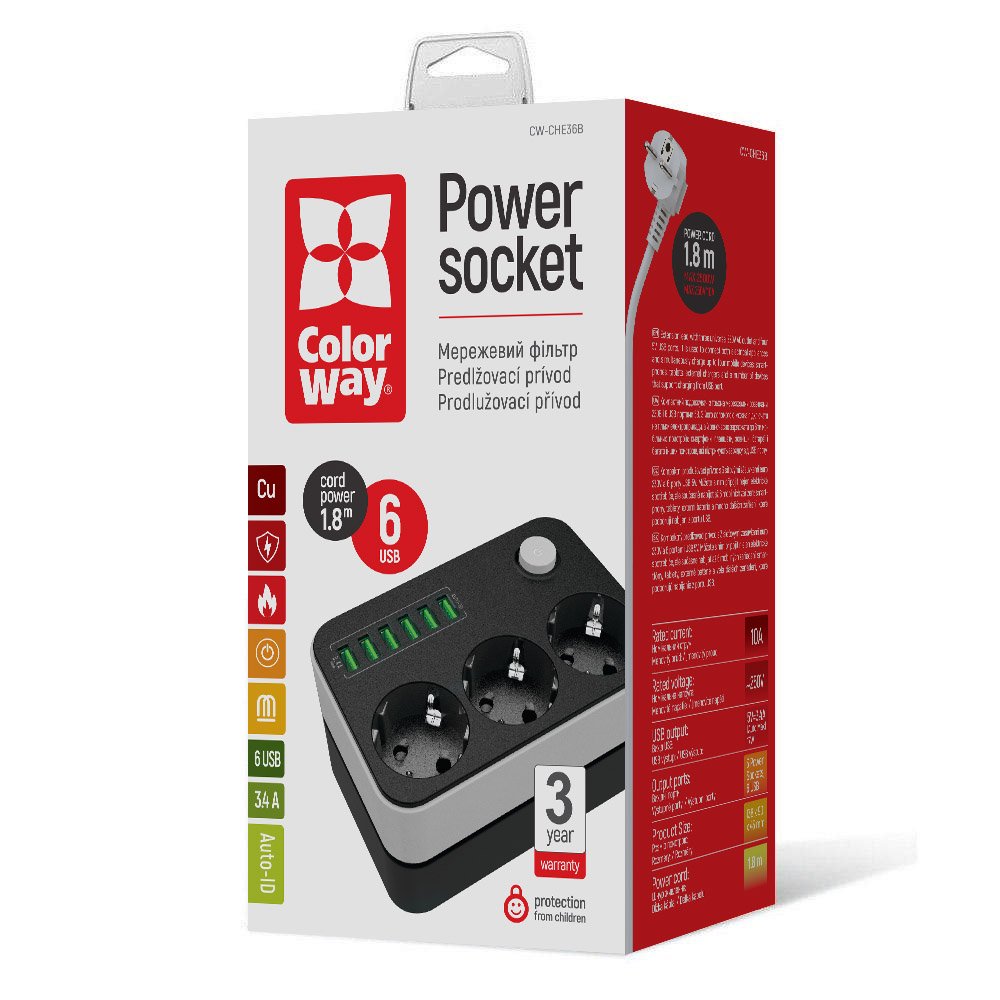 Podaljšek ColorWay, 3 x Schuko - 6 x USB-A, Črn