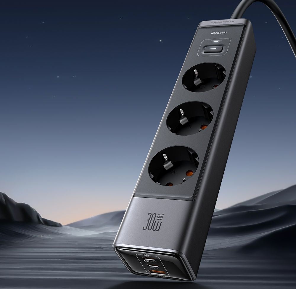 Podaljšek McDodo CH-0620, 3 x Schuko - 1 x USB-A - 2 x USB-C, Črn