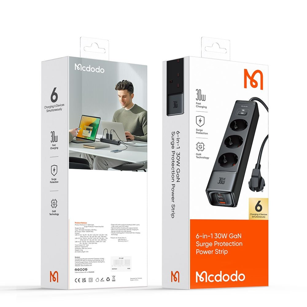 Podaljšek McDodo CH-0620, 3 x Schuko - 1 x USB-A - 2 x USB-C, Črn