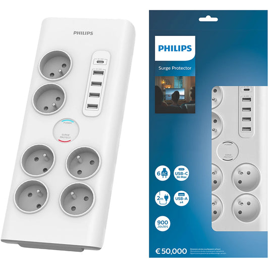 Philipsov podaljšek, 35 W, 3A, 4 x USB-A - 1 x USB-C - 6 x Schuko, bel PHIL-SPN7060WA/60