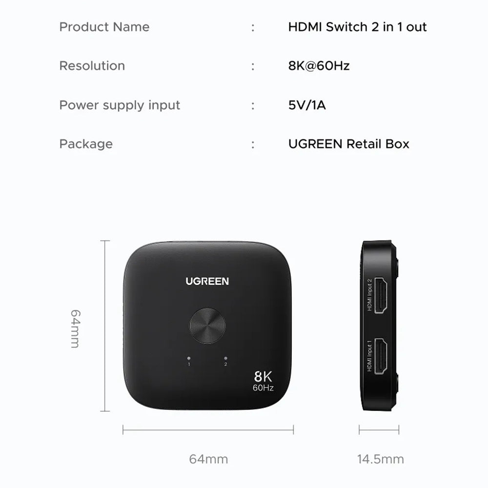 Stikalo za video HDMI UGREEN 65877, črno
