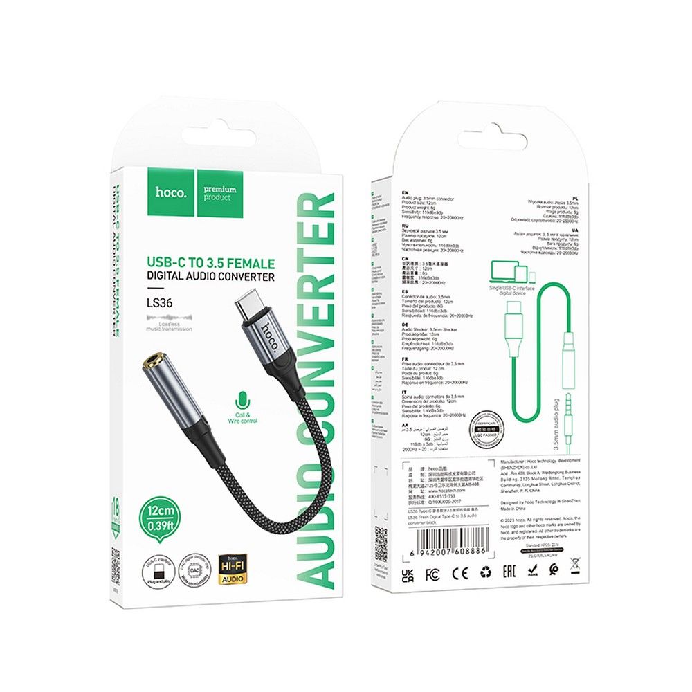 Audio adapter USB-C - 3,5 mm HOCO LS36, siv