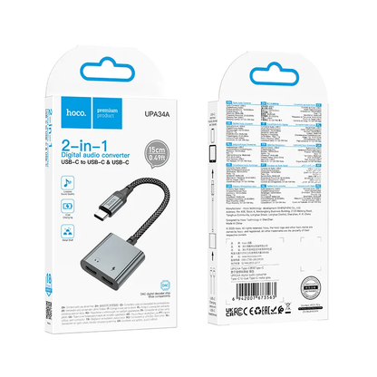 USB-C zvočni adapter - USB-C / USB-C HOCO UPA34A, siva