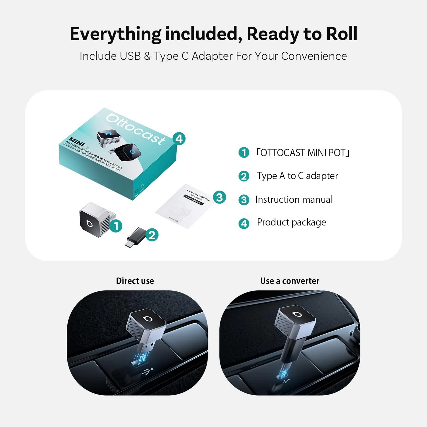 Brezžični adapter Carplay / Android Auto Ottocast Mini Cube Style C za Apple iPhone / Android serijo CP88-T3