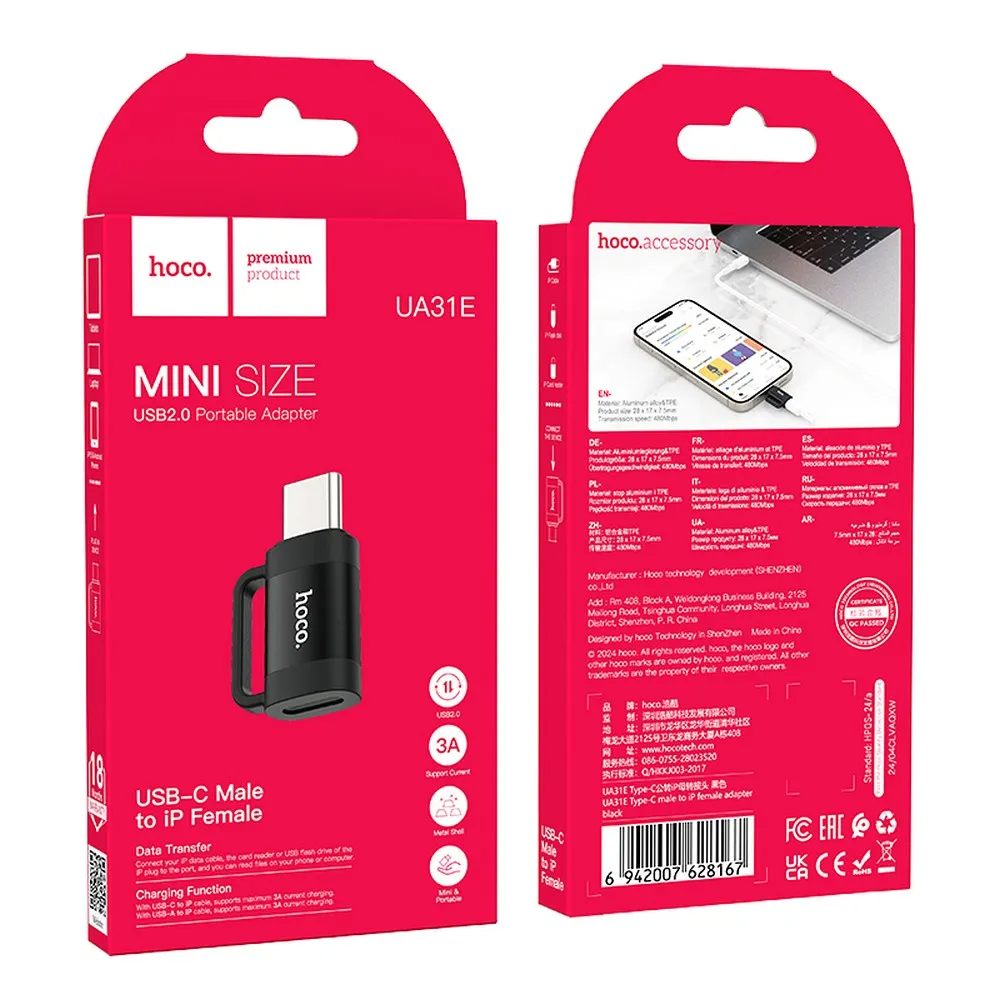 Adapter za podatke in polnjenje Lightning - USB-C HOCO UA31E, Črn