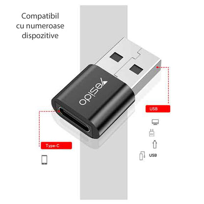 Adaptor za podatke in polnjenje USB-C - USB-A Yesido GS09, Črn