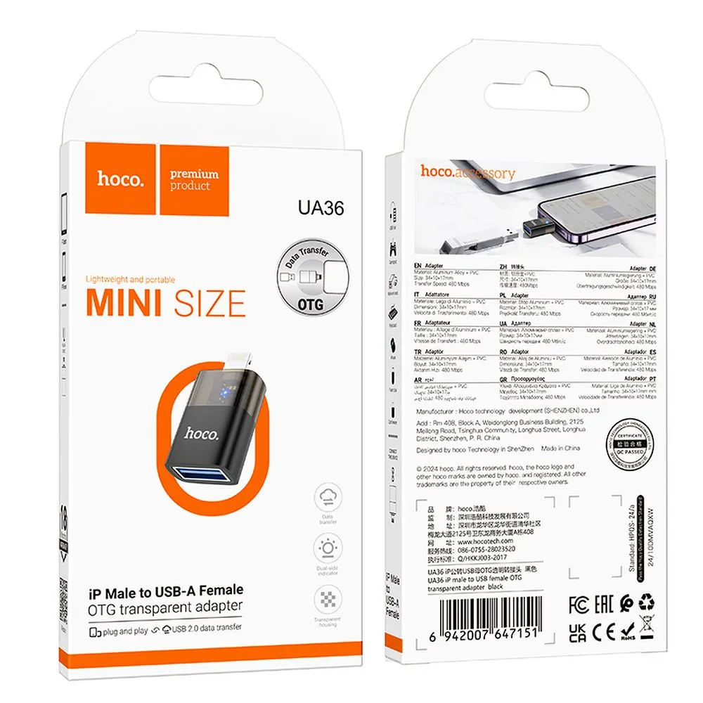 OTG Lightning adapter - USB-A HOCO UA36, Črn