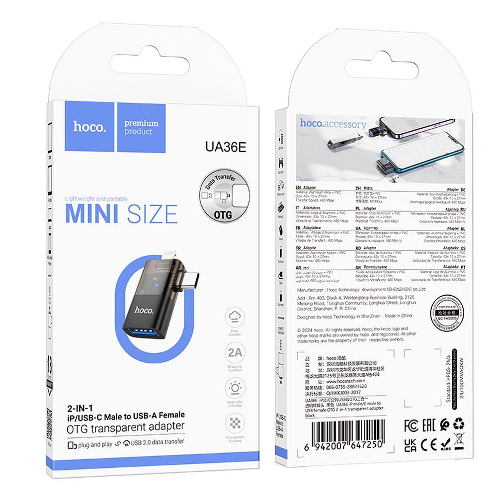 OTG adapter Lightning / USB-C - USB-A HOCO UA36E, Črn