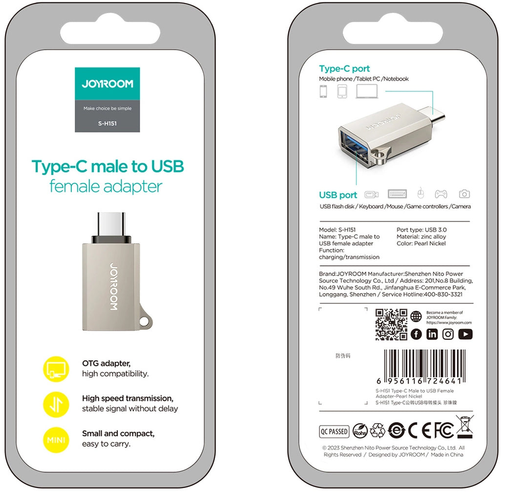 OTG adapter USB-C - USB-A Joyroom S-H151, Srebrn