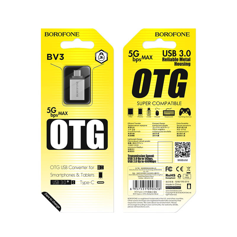 OTG USB-A - USB-C adapter Borofone BV3, srebrn