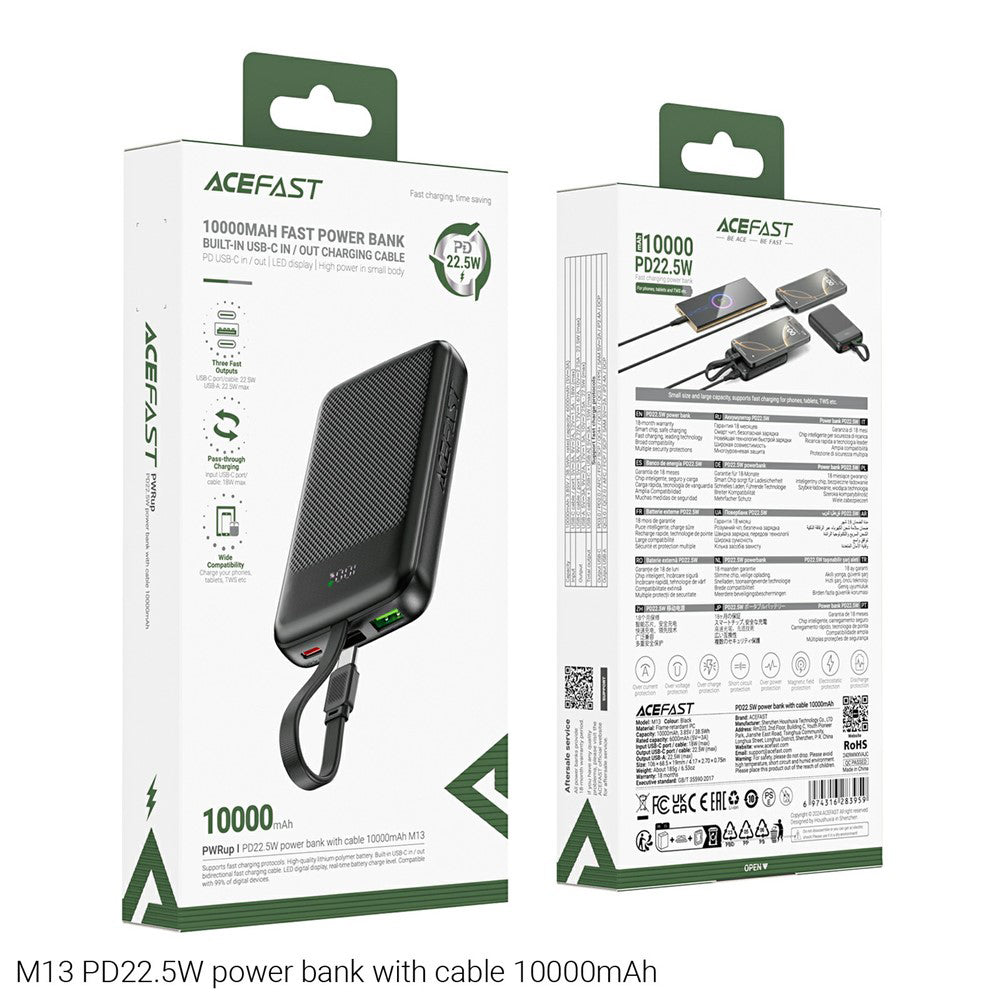 Zunanja baterija Acefast M13, 10000mAh, 22.5W, QC + PD, 1 x USB-A - 2 x USB-C, črna