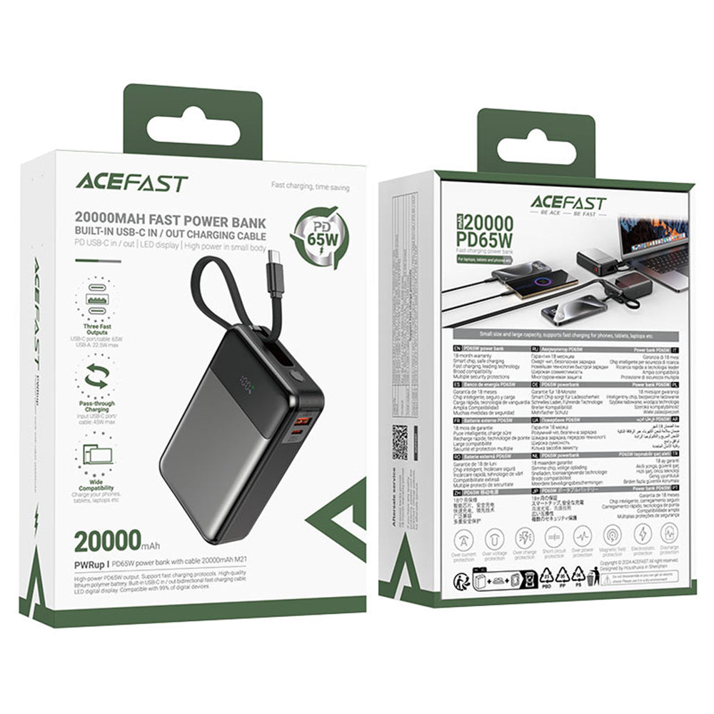Zunanja baterija Acefast M21, 20000mAh, 65W, QC + PD, 1 x USB-A - 2 x USB-C, črna